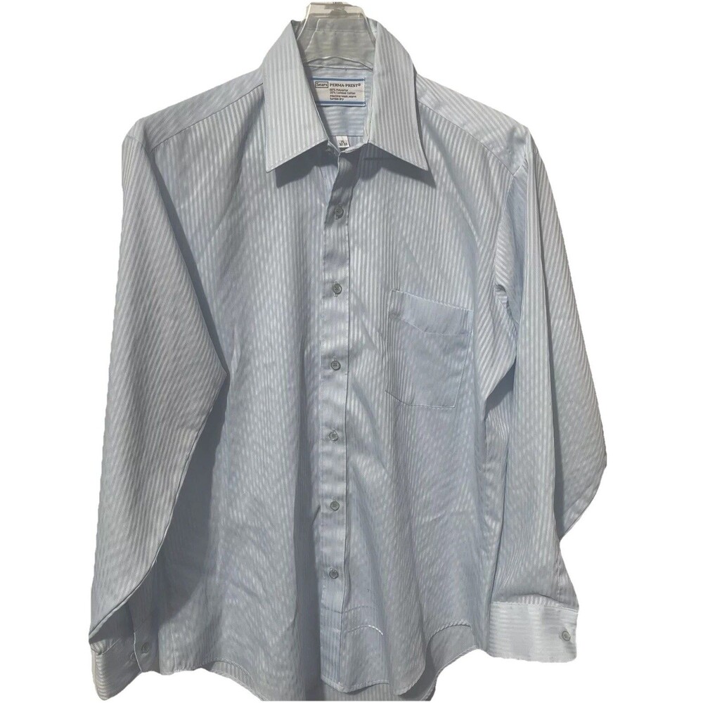 Sears Perma Prest Men's Shirt 16 32-33 Button Up Light Blue Retro Vintage